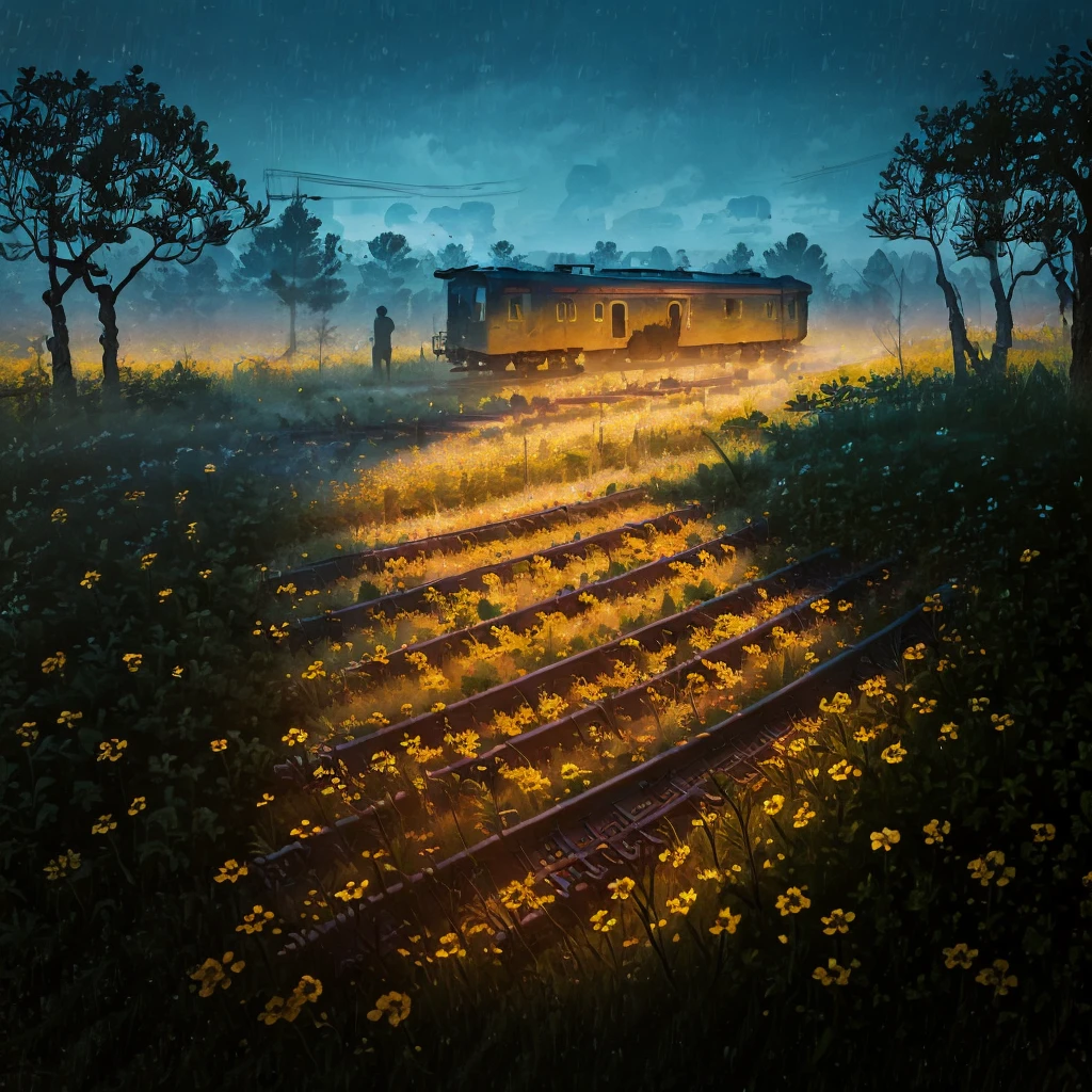 arafed train tracks in the middle of a field of flowers, an album cover by Lucia Peka, flickr, land art, abandoned railroad, abandoned railroads, railway tracks going through it, on a jungle forest train track, railroad, not train tracks, rail tracks, beautiful with eerie vibes, beautiful and mysterious, overgrown with flowers