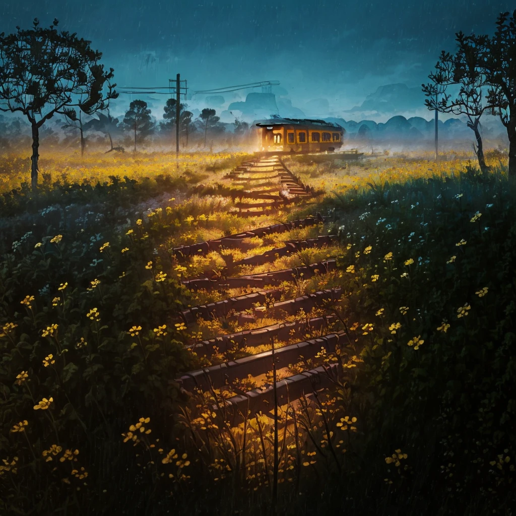 arafed train tracks in the middle of a field of flowers, an album cover by Lucia Peka, flickr, land art, abandoned railroad, abandoned railroads, railway tracks going through it, on a jungle forest train track, railroad, not train tracks, rail tracks, beautiful with eerie vibes, beautiful and mysterious, overgrown with flowers