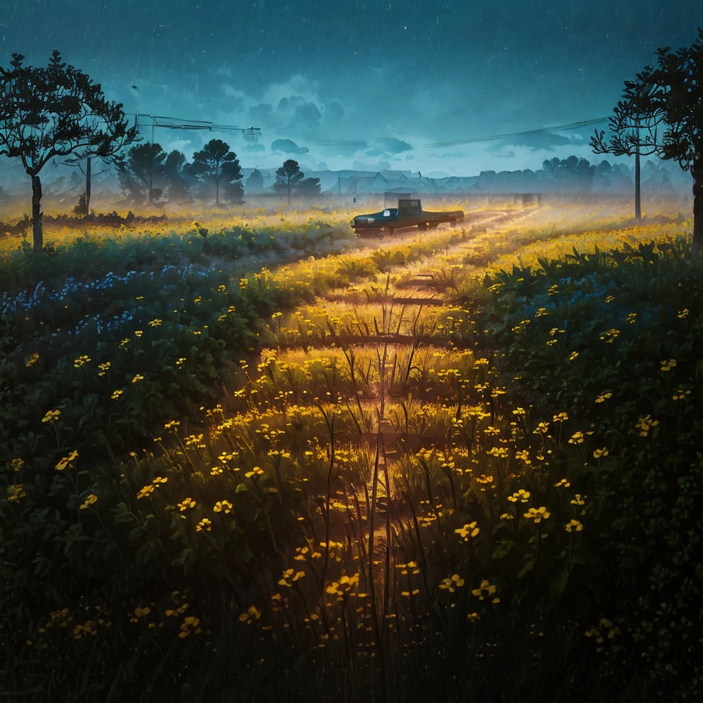 arafed train tracks in the middle of a field of flowers, abandoned railroad, abandoned railroads, railway tracks going through it, on a jungle forest train track, railroad, by Lucia Peka, not train tracks, rail tracks, beautiful with eerie vibes, beautiful and mysterious, overgrown with flowers, rail tracks lead from the mine, interesting composition