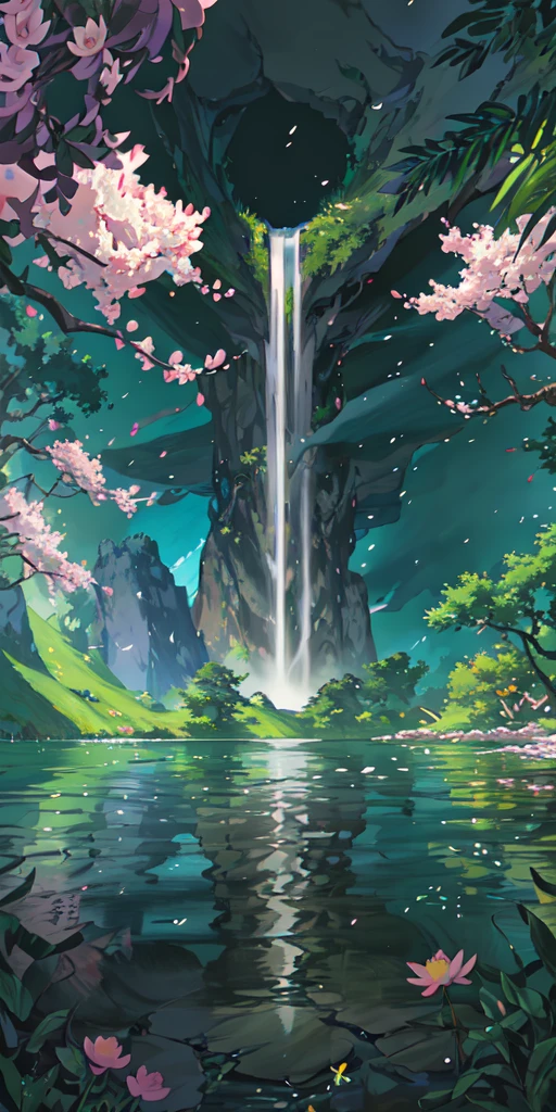 Chinese ancient times, spring, jungle, lake, cave, waterfall, tree, meadow, rock, deer, hot spring, water vapor, (illustration: 1.0), epic composition, realistic lighting, HD details, masterpiece, best quality, (very detailed CG unified 8k wallpaper)、Real、photograph、Lots of lotus flowers