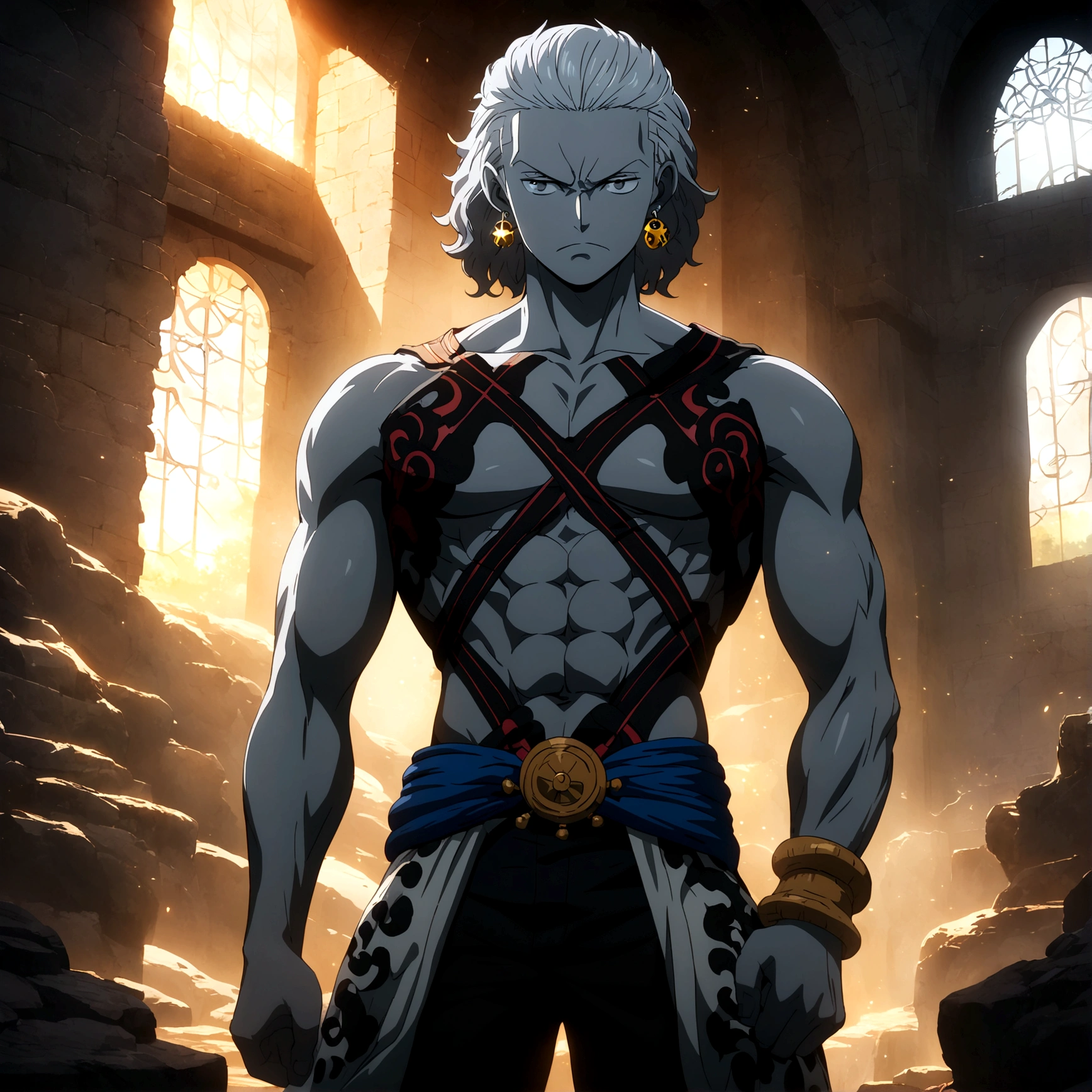 Male, gray skin, lean and defined body, long gray hair shaved on the left side, gray eye, sun-shaped earring, serious expression, "One Piece-inspired anime design, filled with dramatic and impressive lighting, infused with creative details, ultra-fine 2D design, scenery bathed in creativity, boasting 2D anime resolution clarity, HD anime graphics, high-octane rendering"