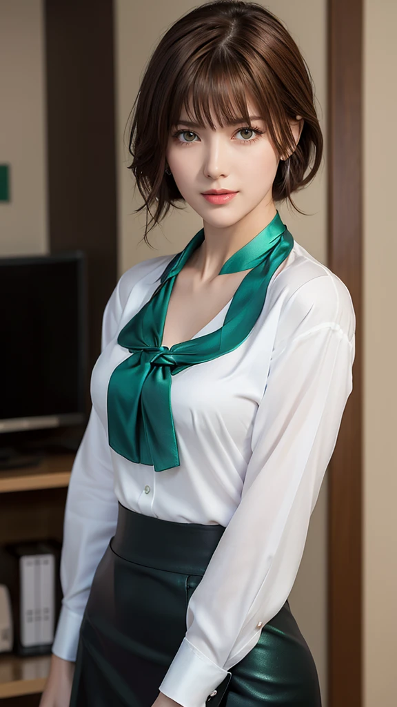 (masterpiece:1.2, Highest quality), (Realistic, photoRealistic:1.4), Beautiful illustrations, (Natural Side Lighting, Cinema Lighting), 
Looking at the audience, Face Focus, Upper Body, 1 female, Japanese, Perfect Face, Perfect body, Cute symmetrical face, Shiny skin, Baby Face, F cup breasts:1.4
((Medium Hair:1.4, Light brown hair)), Hair between the eyes, Emerald green eyes, Captivating thighs, thin, 
Beautiful Hair, Beautiful Face, thin and beautiful eyes, Beautiful clavicle, Beautiful body, Beautiful breasts, Beautiful thighs, Beautiful legs, Beautiful fingers, 
(((Ascot Shirt:1.3), Black tight skirt)), 
(Beautiful views), evening, (office), Are standing, (Cute Smile, Superior),