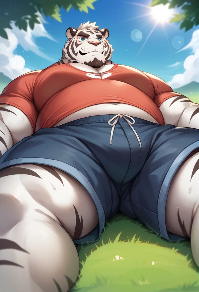 NJ5furry,white tiger,solitary,Beast field,chubby, Thick arms,Strong muscles,shorts,Plush,Chubby face,Black eyebrows,Sky blue eyes,beard,smirk:1.1,lying on the grass,on stomach, (from below:1.1),Lie down,(shirt,shorts),Sunlight,(sweat),by zixiong, Takemoto Arashi