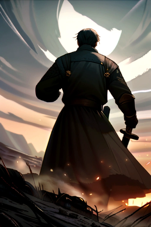 A battlefield with one man standing in the back he wields tornado in one hand and a katana in another
