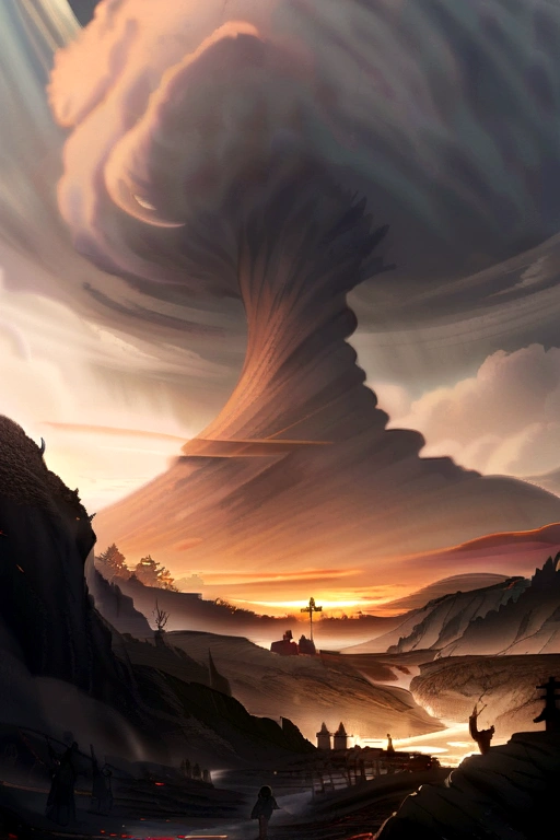 A battlefield with one man standing in the back he wields tornado in one hand and a katana in another