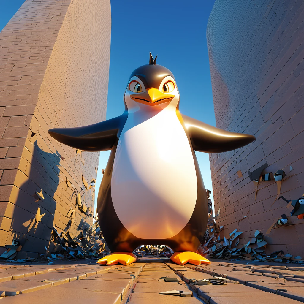 Penguin chaos in 3d urban art style