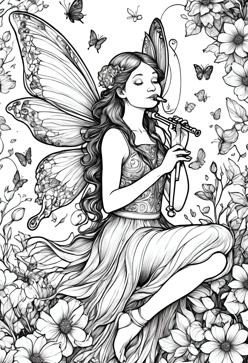 A fairy sitting on a large flower, playing a flute. clean line art, white background, colouring page, clean outline, sketch style, clean lines, details line work, floral design, butterfly