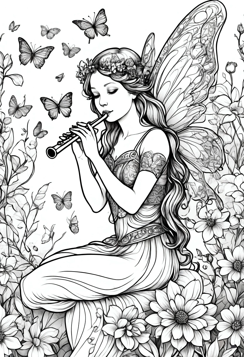 A fairy sitting on a large flower, playing a flute. clean line art, white background, colouring page, clean outline, sketch style, clean lines, details line work, floral design, butterfly