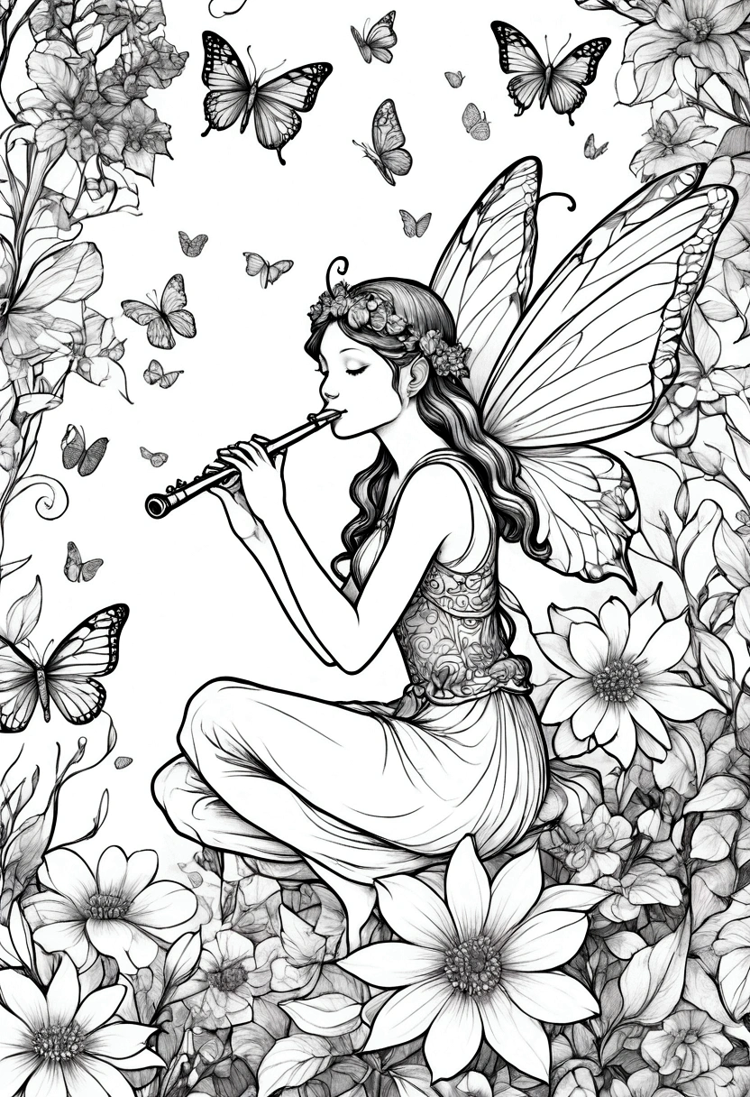 A fairy sitting on a large flower, playing a flute. clean line art, white background, colouring page, clean outline, sketch style, clean lines, details line work, floral design, butterfly