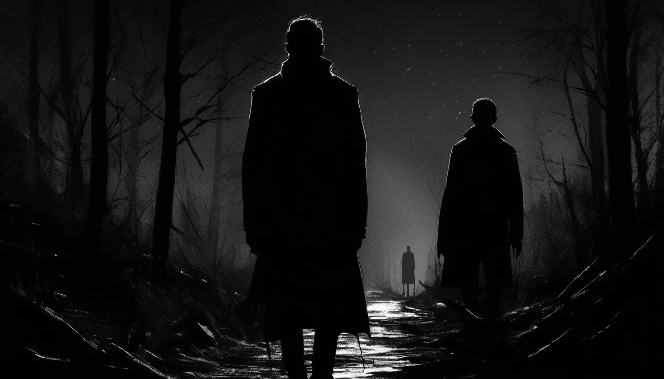 a black silhouette of a man at night, one light source, footsteps, moody atmosphere, cinematic lighting, dark shadows, dramatic chiaroscuro, high contrast, mysterious, atmospheric, dark and gritty, realistic, photorealistic, cinematic composition, 8k, high quality, detailed, masterpiece, manga style, digital art, by Marshall Arisman, cover illustration, 70mm, 7 0 mm, 70 mm, book cover illustration, by Brigette Barrager, album cover, novel cover art for a book, art concept for a book cover, cover art, 7 feet tall,