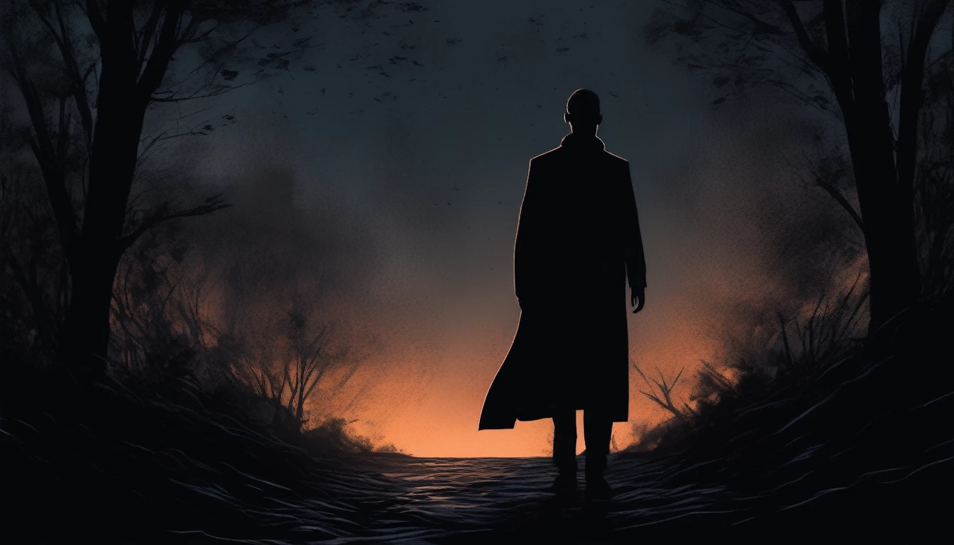 a black silhouette of a man at night, one light source, footsteps, moody atmosphere, cinematic lighting, dark shadows, dramatic chiaroscuro, high contrast, mysterious, atmospheric, dark and gritty, realistic, photorealistic, cinematic composition, 8k, high quality, detailed, masterpiece,  manga style, digital art, by Marshall Arisman, cover illustration, 70mm, 7 0 mm, 70 mm, book cover illustration, by Brigette Barrager, album cover, novel cover art for a book, art concept for a book cover, cover art, 7 feet tall,