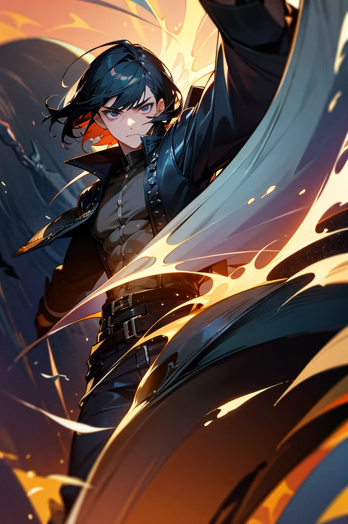 12 year old boy short hair brown hair messy hair brown eyes black clothes navy blue pants firepower