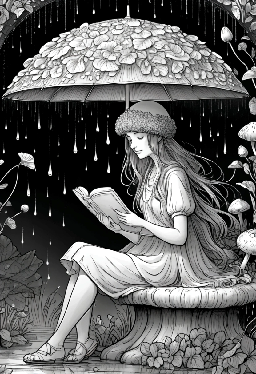 A fairy reading a book under a mushroom umbrella during a light rain, floral frame, decorative panel, abstract ,sketch, character lines and scenes without colors and shadows. (Masterpiece, Best Quality, Highres:1.4), Detailed, Intricate Details, 4K, color splashes, line art