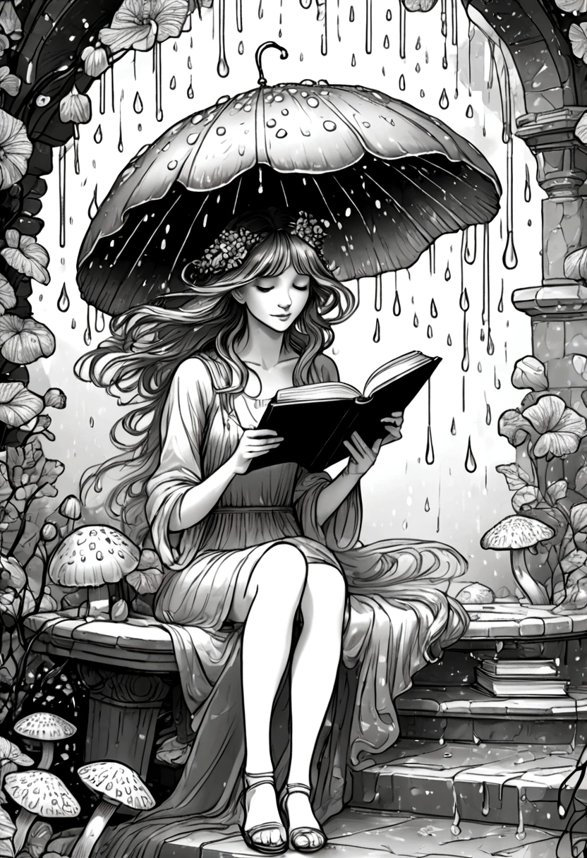 A fairy reading a book under a mushroom umbrella during a light rain, floral frame, decorative panel, abstract ,sketch, character lines and scenes without colors and shadows. (Masterpiece, Best Quality, Highres:1.4), Detailed, Intricate Details, 4K, color splashes, line art