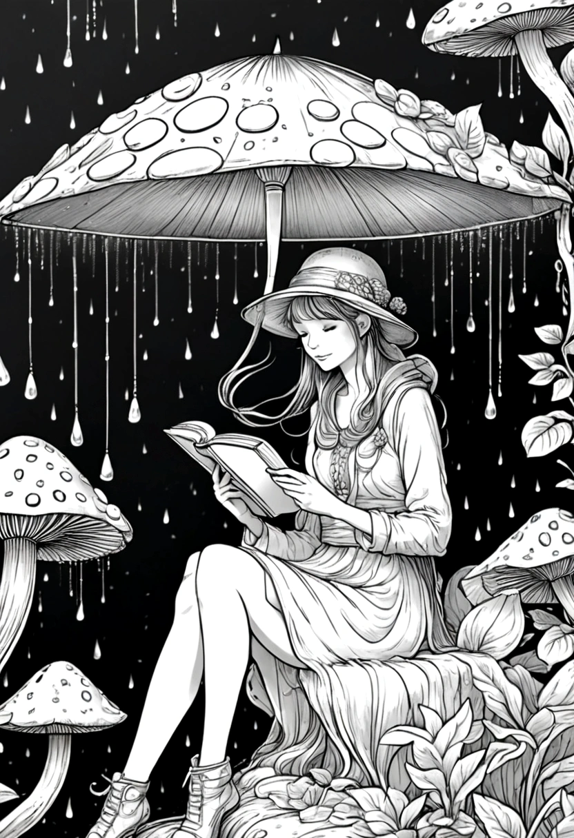 A fairy reading a book under a mushroom umbrella during a light rain, floral frame, decorative panel, abstract ,sketch, character lines and scenes without colors and shadows. (Masterpiece, Best Quality, Highres:1.4), Detailed, Intricate Details, 4K, color splashes, line art