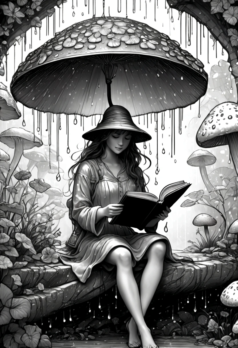 A fairy reading a book under a mushroom umbrella during a light rain, floral frame, decorative panel, abstract ,sketch, character lines and scenes without colors and shadows. (Masterpiece, Best Quality, Highres:1.4), Detailed, Intricate Details, 4K, color splashes, line art