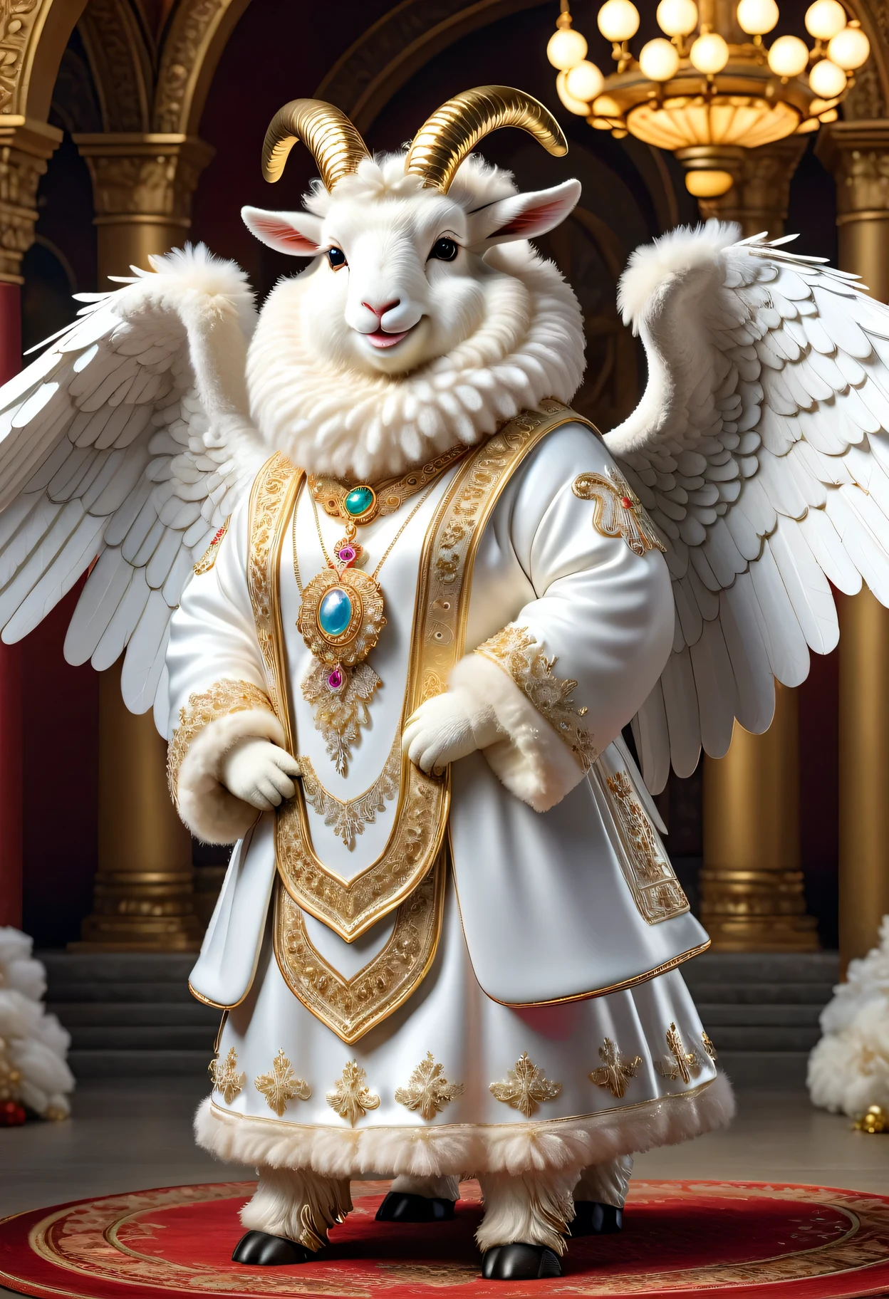 photorealistic portrait of Dressed animals-a ((fat)) ((angora goat)) angel,(furry:1.5), (elegant pose:1.5), (hands on hips:1.5),(smile:1.5),high quality,(angel wings),(lovely) ,intricate details, Wearing angel clothes , (angel's ring above head), highly detailed ((angel wings)) ,highly detailed decorations of clothes, angel boots , (happy), soft lighting,(full body image:2.0),holy temple background,(clouds),