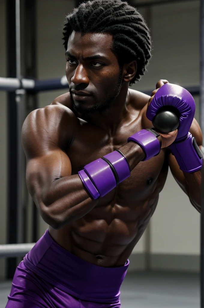 a dark-skinned man with black hair and purple eyes a scar on his right eye with a prosthesis on his forearm in a fighting pose in training clothes and gloves in a ring, anime style