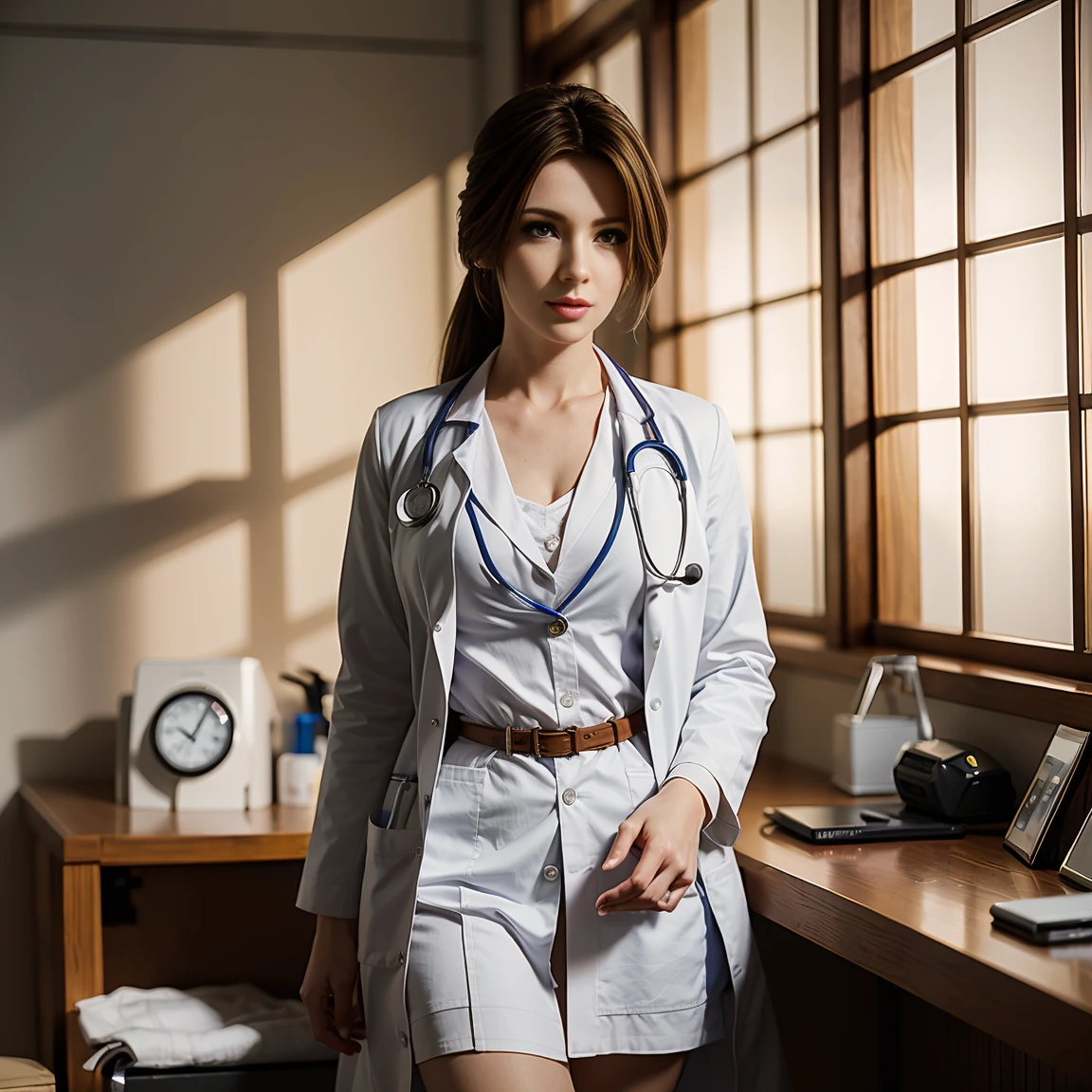 Photorealistic beautiful doctor、stunningly beautiful、doctors white coat, Doctor Fashion、(top-quality、8K、32K、masterpiece、nffsw:1.3)、A high resolution,(Photorealsitic:1.4),Raw photography, Detailed face,,Beautiful hair, ((Doctor Style)), , tight skirts、 Natural makeup, Breast cleavage, large full breasts、inside hospital, Detailed background, Perfect Lighting, depth of fields, Beautiful shadow gradient,stethoscope ,