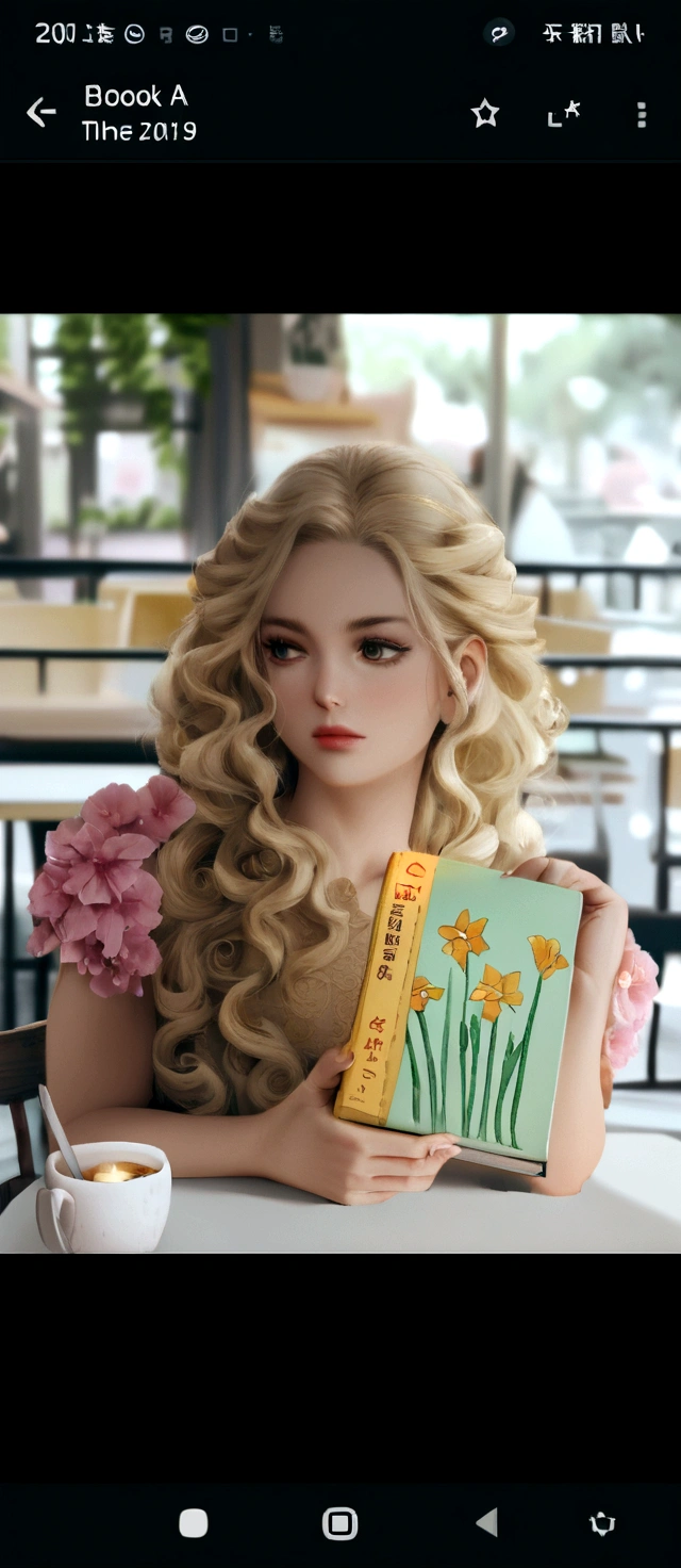 there is a blonde woman with long curly hair sitting at the table with a book with flowers