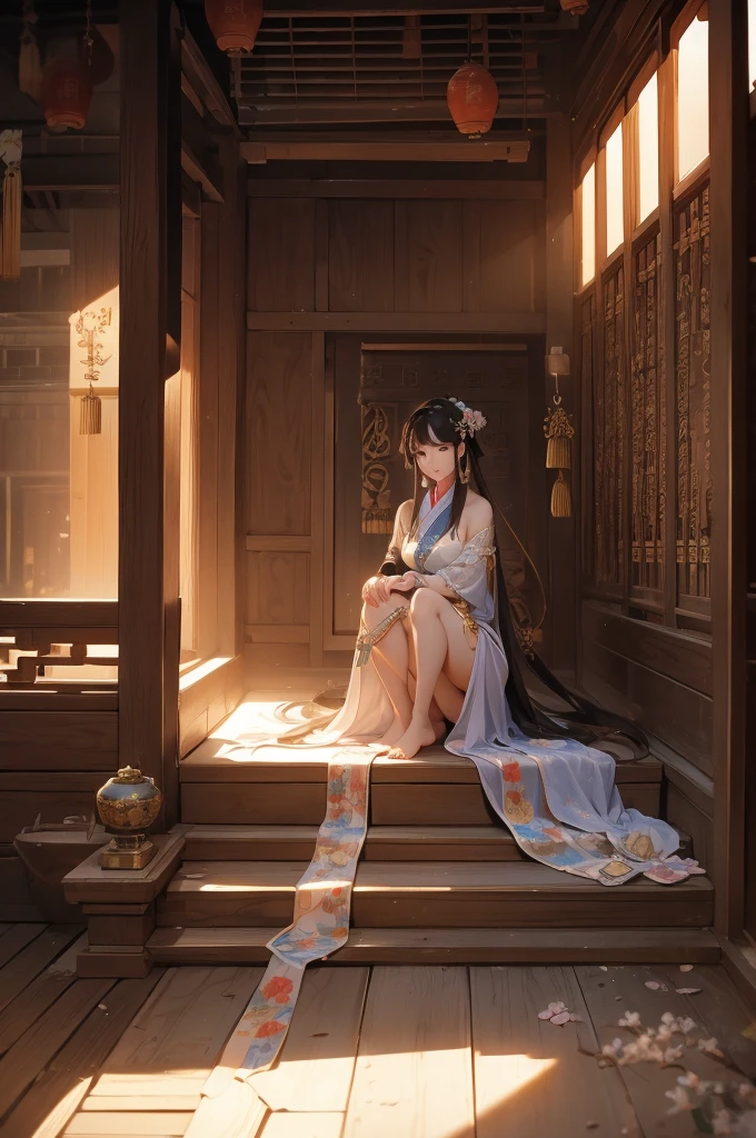 A rich girl from the Tang Dynasty sitting in the courtyard。Dressed in silk，barefoot