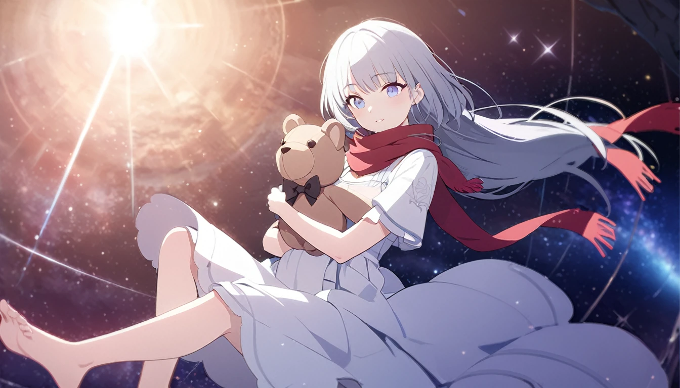(((masterpiece))), (((best quality))),(((high detail))),light manipulation, girl with long silver hair, gradient purple to sky blue eyes, wearing a white dress, a red scarf , galaxy background, holding a teddy bear, feet, no footwear, medium chest
