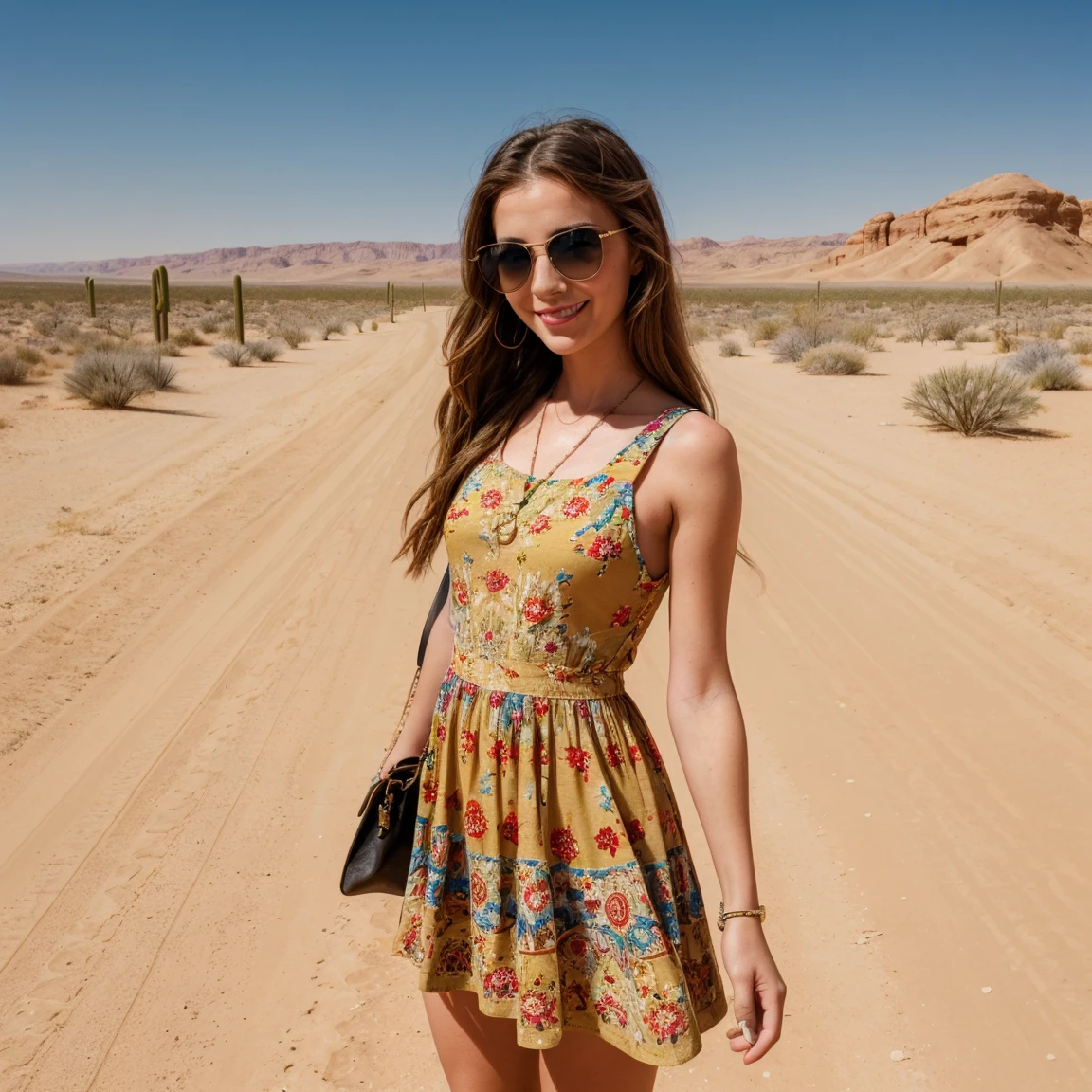a girl, 28 years old, ((best quality)), ((detailed)),(masterpiece), (American), ((blue eyes)) long hair, freckles, red lips, slightly smiling, standing, sunglasses on her face, wearing a colorful short dress, small handbag in one hand, ((desert carpet road background in side)), capture to thighs