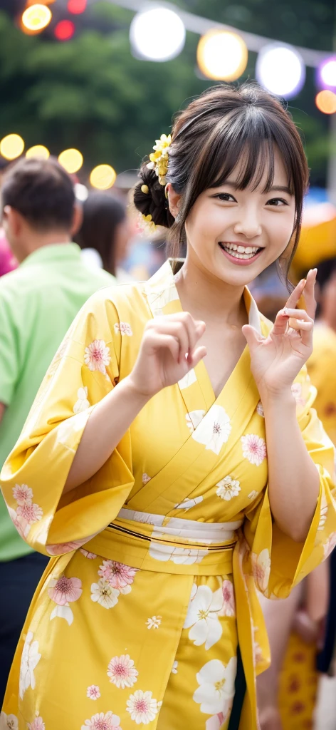 A woman wearing a yellow floral yukata having fun at a summer festival in the evening