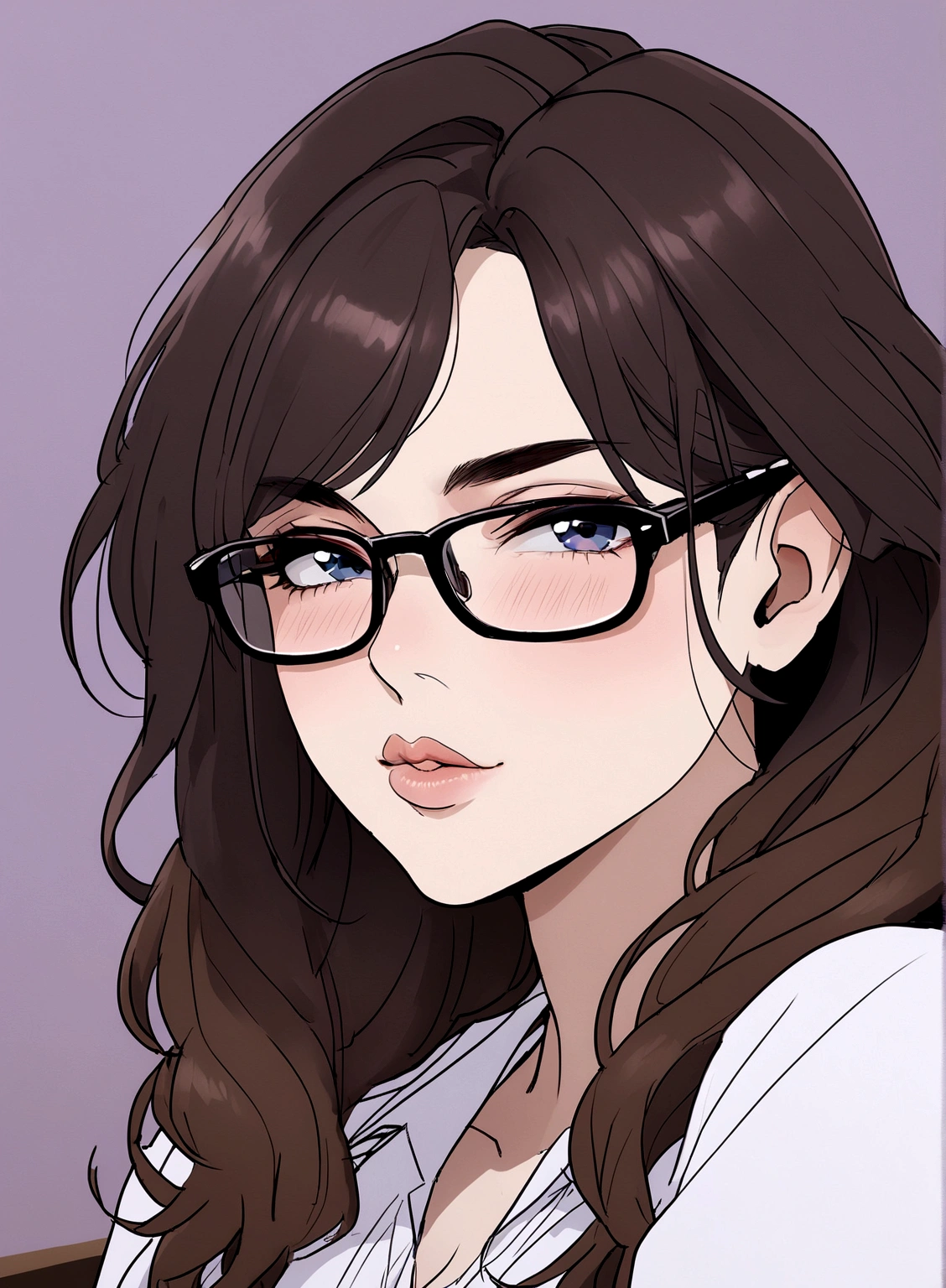 {8k image}, 1beautiful mature woman, 35 years old, pointed nose, fleshy lips, triangular face, big hair with bangs (wine), blue eyes, {looking directly at the viewer}, {facing forward}, {perfect anatomy}, {image focused only on the face}, {face portrait}, purple background, glasses