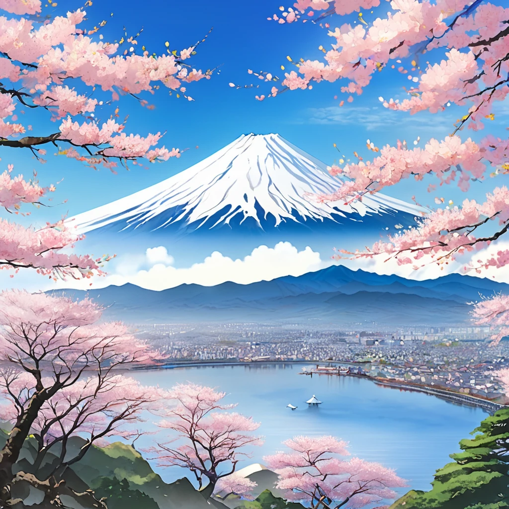 Fuji Mountain、cherry blossoms、blue sky