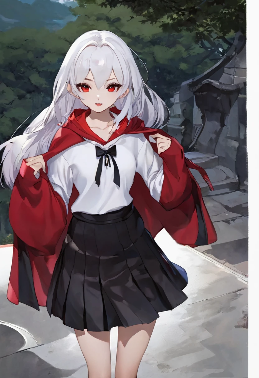 White shirt、Red hoodie、White Hair、Black Skirt、A vampire girl with a single stray hair