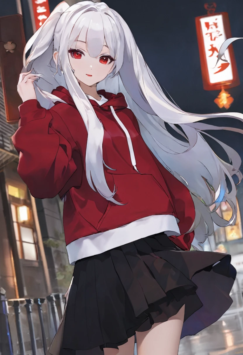 White shirt、Red hoodie、White Hair、Black Skirt、A vampire girl with a single stray hair