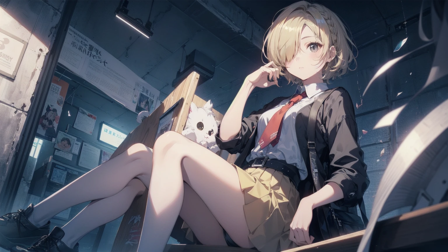 Highest quality, Anime Moe Art Style,Best Anime 8K Konachan Wallpaper,pixiv contest winners,Perfect ???????, (Please draw a girl walking sleepily to school...... ),break, 1 Girl, (alone,,,13 years old:1.3),high school student, short hair, amount, (Hair above one eye:1.7),All limbs, Full Finger,Medium Chest, Between the legs, Small eyes,accurate black eyes, Very detailed,High resolution,ultra high density skin, Professional Lighting,8K eye detail, (Cute illustrations:1.2),blonde，blonde hair，Expressionless，(Hair on one eye:1.5)，Highest quality, Anime Moe Art Style,Best Anime 8K Konachan Wallpaper,pixiv contest winners,Very detailed,High resolution,ultra high density skin, Professional Lighting,8K eye detail, (Cute illustrations:1.2),blonde，blonde hair，Expressionless，(Hair on one eye:1.5),カラフルでカラフルなshort hair，Wearing a yellow apricot colored JK uniform and a white pleated skirt，knee-length white silk，Rin々New and cute，A little sweet