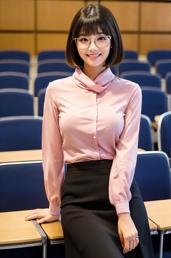 Adult charm、University lecture hall, university psychology associate professor, ((full body)), ((photo)), ((best qualtiy, 8K, tmasterpiece:1.3)), Focus:1.2, perfect figure beautiful woman:1.41woman, cowboy shot, look at viewer, eyes facing the camera, incredibly absurd, beautiful and cute woman with a photorealistic face, showcasing top-quality craftsmanship, A Japanese woman giving a lecture at a university lecture hall, 27 years old, with a bob cut and flipped hair, short bangs swept at an angle, smooth and shiny hair, natural hairline, fair and smooth skin, plump and healthy cheeks, large, jet black eyes, round eyes, long and upward-facing eyelashes, double eyelids, thin and straight eyebrows, small and round nose, plump lips, upturned corners of the mouth, charming smile, cute face, glamorous, well-balanced proportions, tall, beautiful D-cup breasts, silver-rimmed glasses, pink blouse, black tight skirt, fashion with a waist-marked silhouette, scarf, heeled shoes, vanilla perfume, beautiful, pretty older woman, glasses suit her, knowledgeable, playful, curious, smart, elegant, November