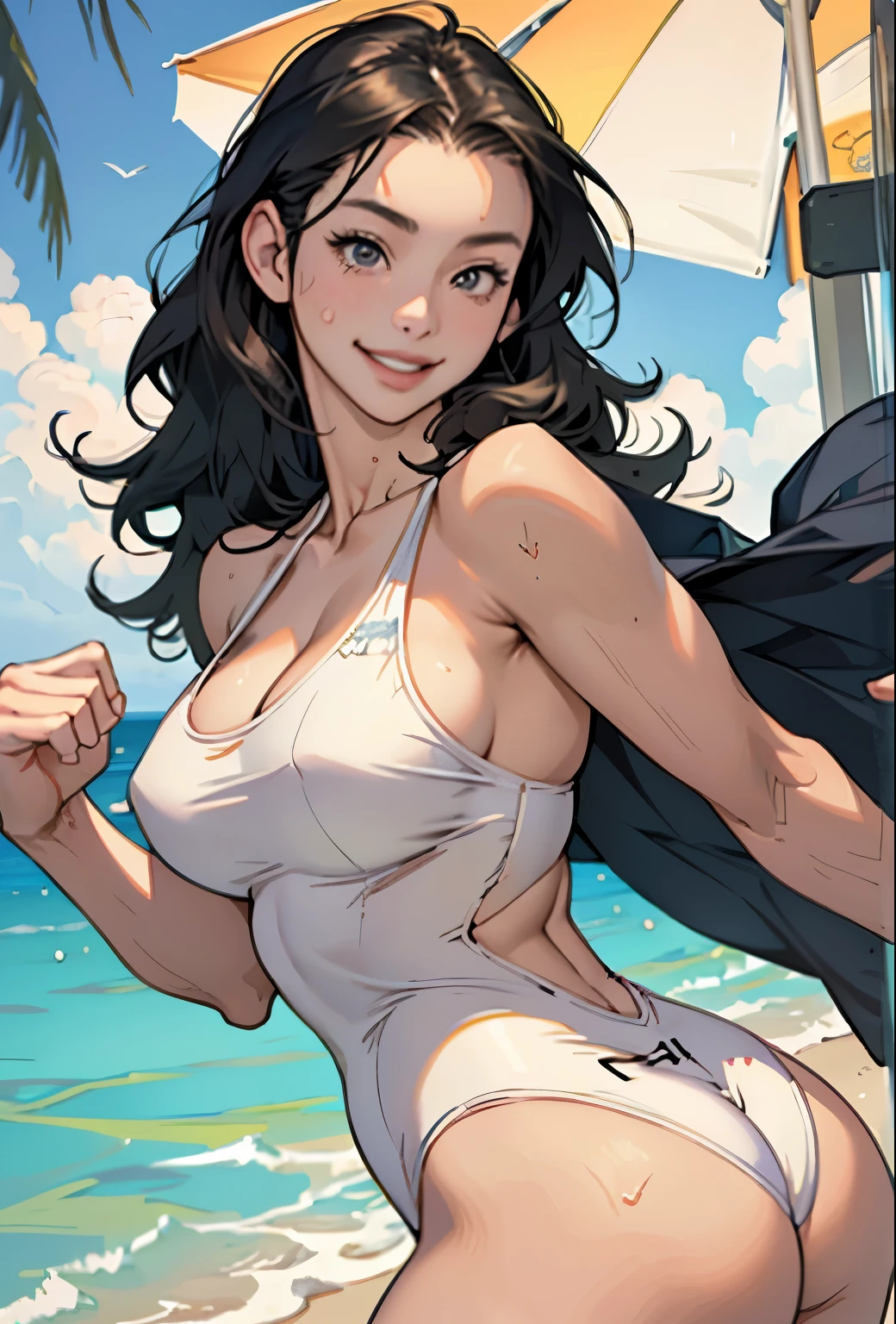 Realistic、Face reality、With a girl、Swimwear、Sexy smile、My breasts have gotten a little bigger、Sexy pose、From the front it looks like a one-piece, but from the back it looks like a mono bikini、