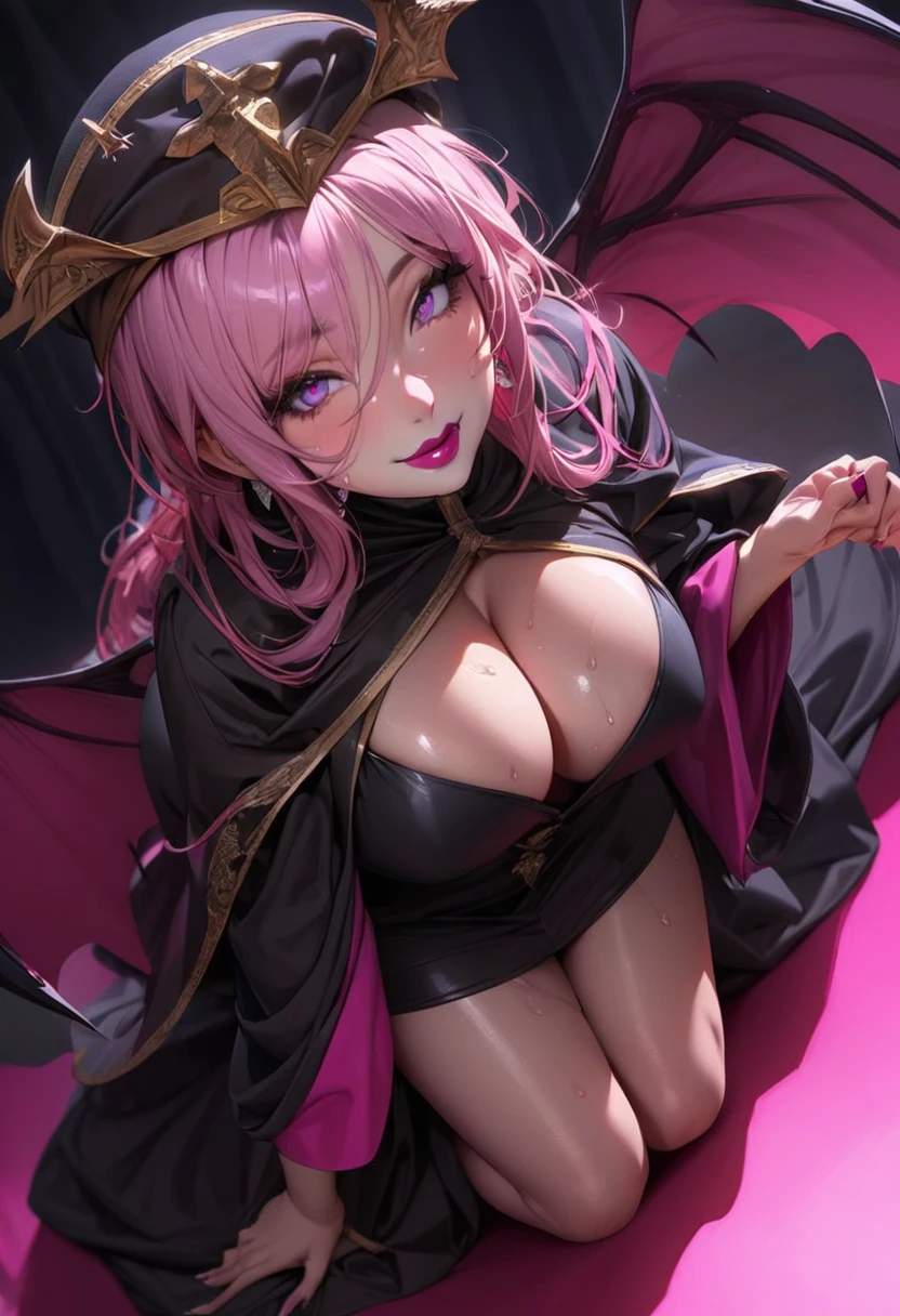 1 mature woman,(Highest quality,Extremely detailed depiction,Incredibly absurd high resolution,Anatomically accurate depiction,Two lovely hands, Perfect body,Five perfect fingers,Curvy Legs),(Succubus disguised as a priest,Intricate and shiny clerical robes,Disguised as a human),eyelash,(Purple Eyes,Eyes of Madness,There is cleavage in the chest,Bewitching Smile,Glossy lipstick,Part your lips,Get on all fours),Sweat,(whole body),(background:Bedroom at night),Pink light,devil wing earrings,(From above:1.2)