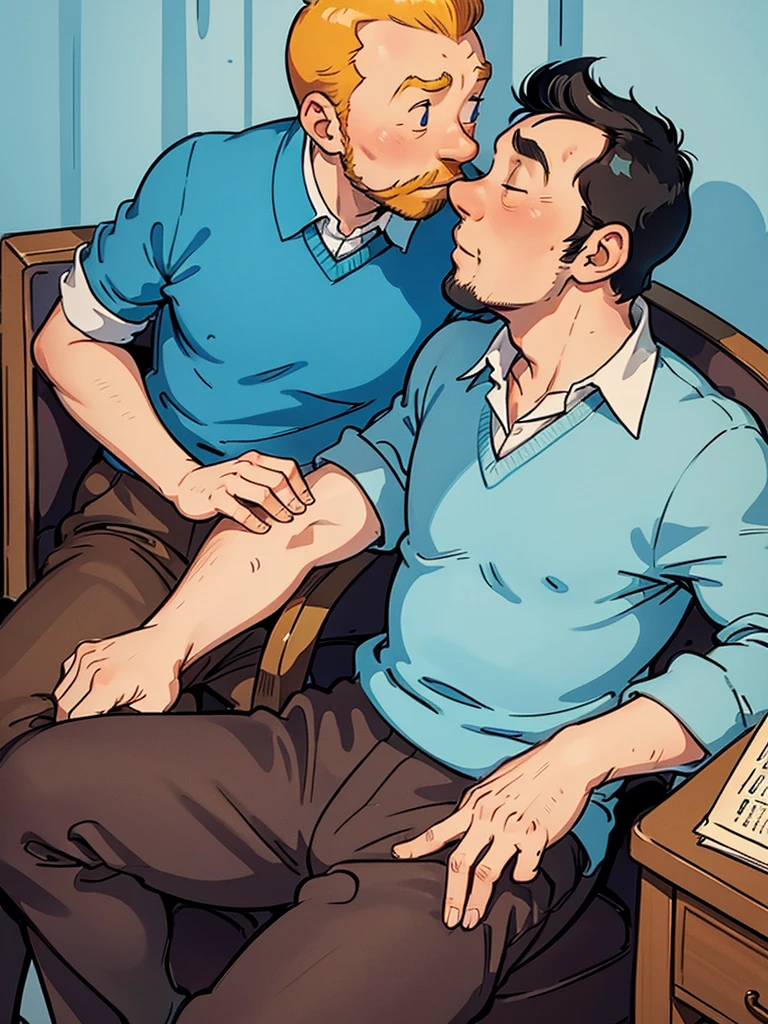 Tintin and Captain Haddock are in the room with the piano.  Haddock sits in a chair with Tintin sitting on his lap and they kiss tenderly.  Both men.  Haddock has black hair.  Everything is in pastel colors.