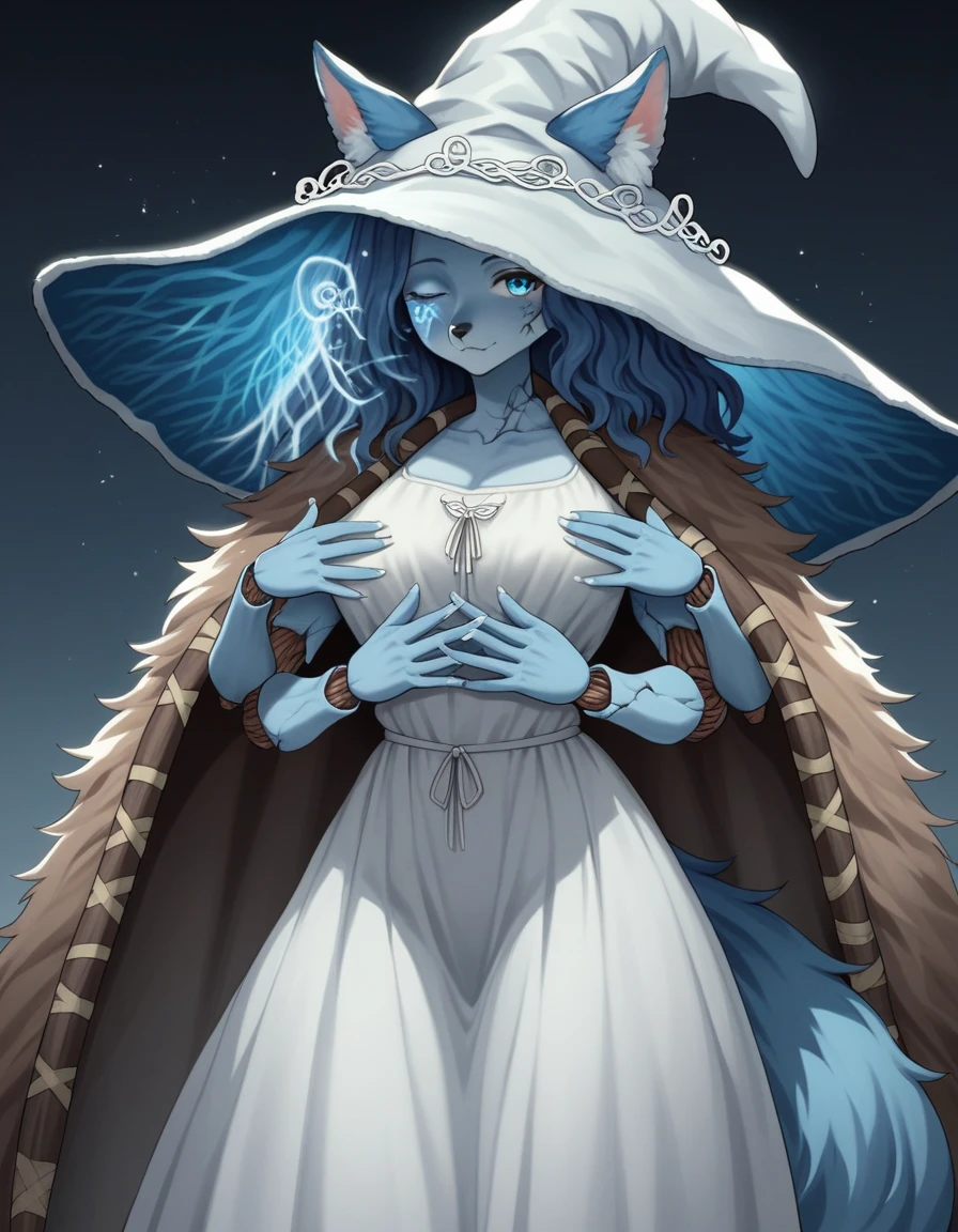 Score_9, score_8_up, score_7_up, , 1girl, solo, kemono style, ranni the witch from Elden Ring, she’s an Anthro furry blue fox girl, fox snout, black nose, wavy hair, cracked skin, colored skin, blue fur, extra arms, four arms, doll joints, white dress, hat, cloak,