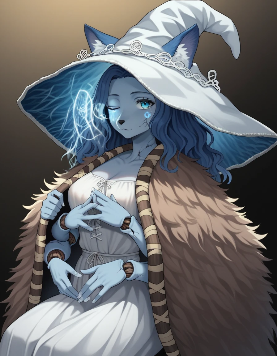 Score_9, score_8_up, score_7_up, , 1girl, solo, kemono style, ranni the witch from Elden Ring, she’s an Anthro furry blue fox girl, fox snout, black nose, wavy hair, cracked skin, colored skin, blue fur, extra arms, four arms, doll joints, white dress, hat, cloak,