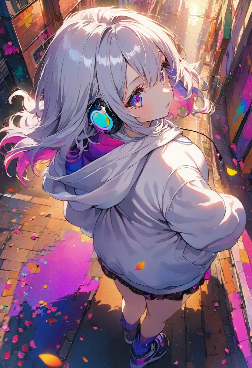 ((Masterpiece)), ((best quality)), (Anime:1.3), (super detail:1.2), (High Definition:1.3), (Professional Photography:1.3), cute young Girl, (Gazing into the distance:2), (Gazing skyward:2), (Her not looking at camera), Glossy unruly hair, (loose swept bangs), (silver ash hair), medium hair, big eyes, (Eye bags:1.3), (Long eyelashes), colorful eyes, (frown), Glossy lips, (jagged teeth), ((white hoodie with oversized)), barearms, cute, (hands in pocket), (colorful:1.3), gothic makeup, (walking around the City), colorful petals dance around her, beautiful sunset, wearing headphones, (shoot from side), (from above:1.8),