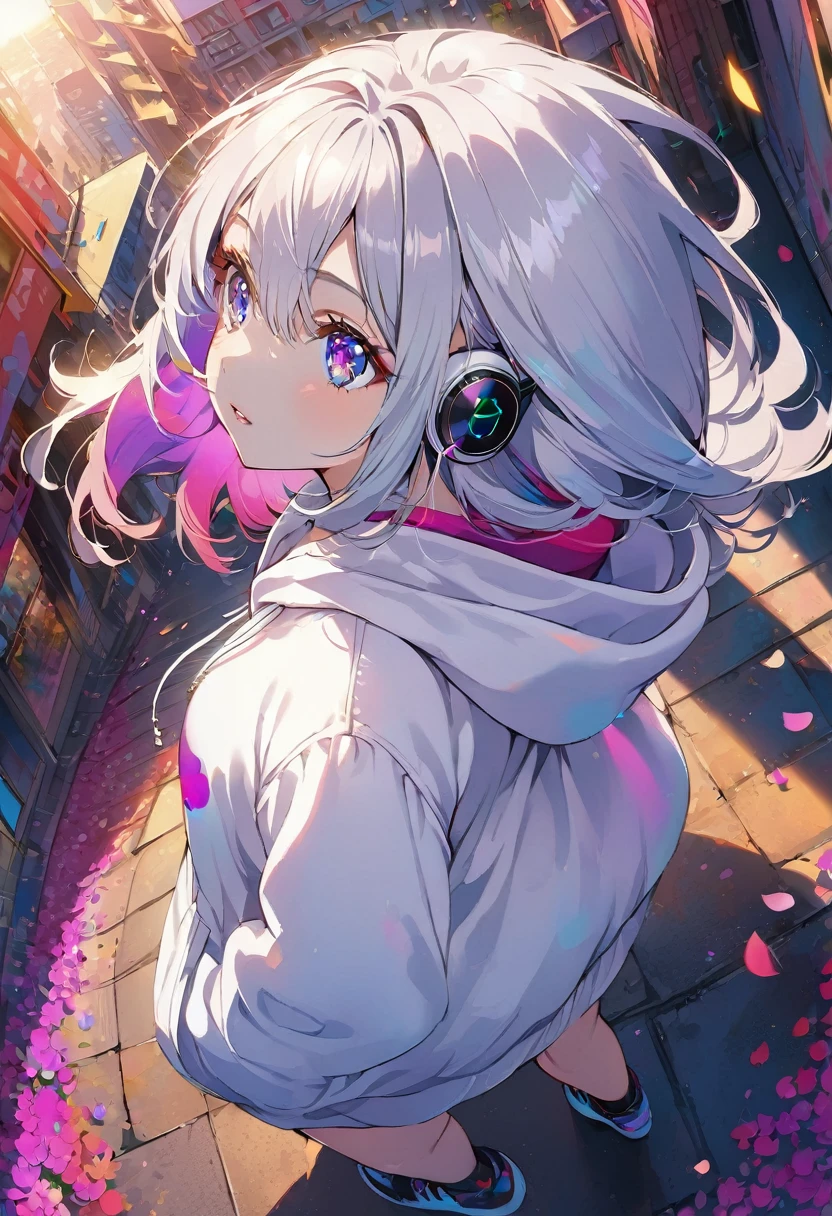 ((Masterpiece)), ((best quality)), (Anime:1.3), (super detail:1.2), (High Definition:1.3), (Professional Photography:1.3), cute young Girl, (Gazing into the distance:2), (Gazing skyward:2), (Her not looking at camera), Glossy unruly hair, (loose swept bangs), (silver ash hair), medium hair, big eyes, (Eye bags:1.3), (Long eyelashes), colorful eyes, (frown), Glossy lips, (jagged teeth), ((white hoodie with oversized)), barearms, cute, (hands in pocket), (colorful:1.3), gothic makeup, (walking around the City), colorful petals dance around her, beautiful sunset, wearing headphones, (shoot from side), (from above:1.8),