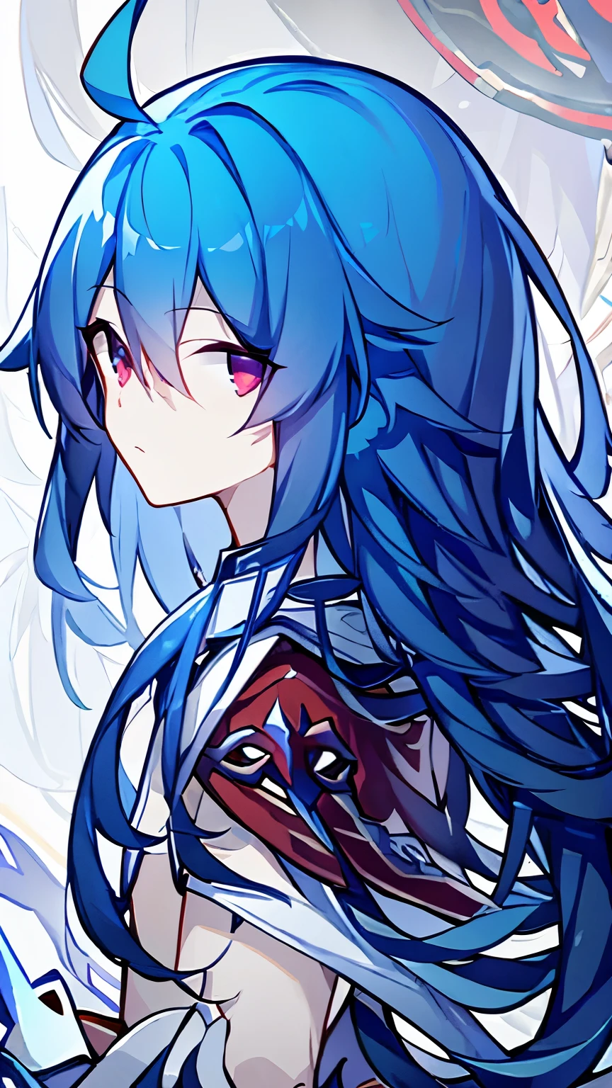 (Long blue hair 1.3),(Red pupil 1.4) (Male 1.5),Wearing a blue robe,There is a blue sword in his hand