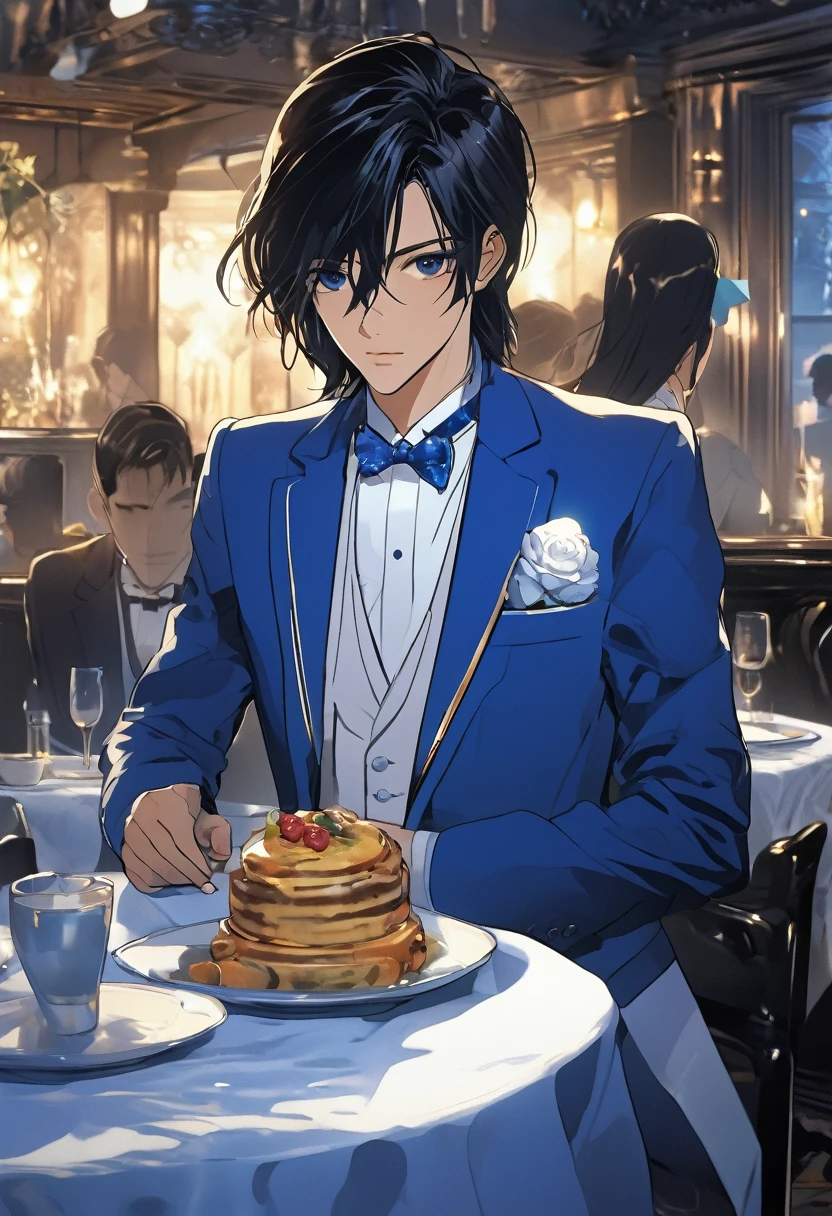 a paranormal order character who is with dark hair with blue details and wears a white square waiter style suit