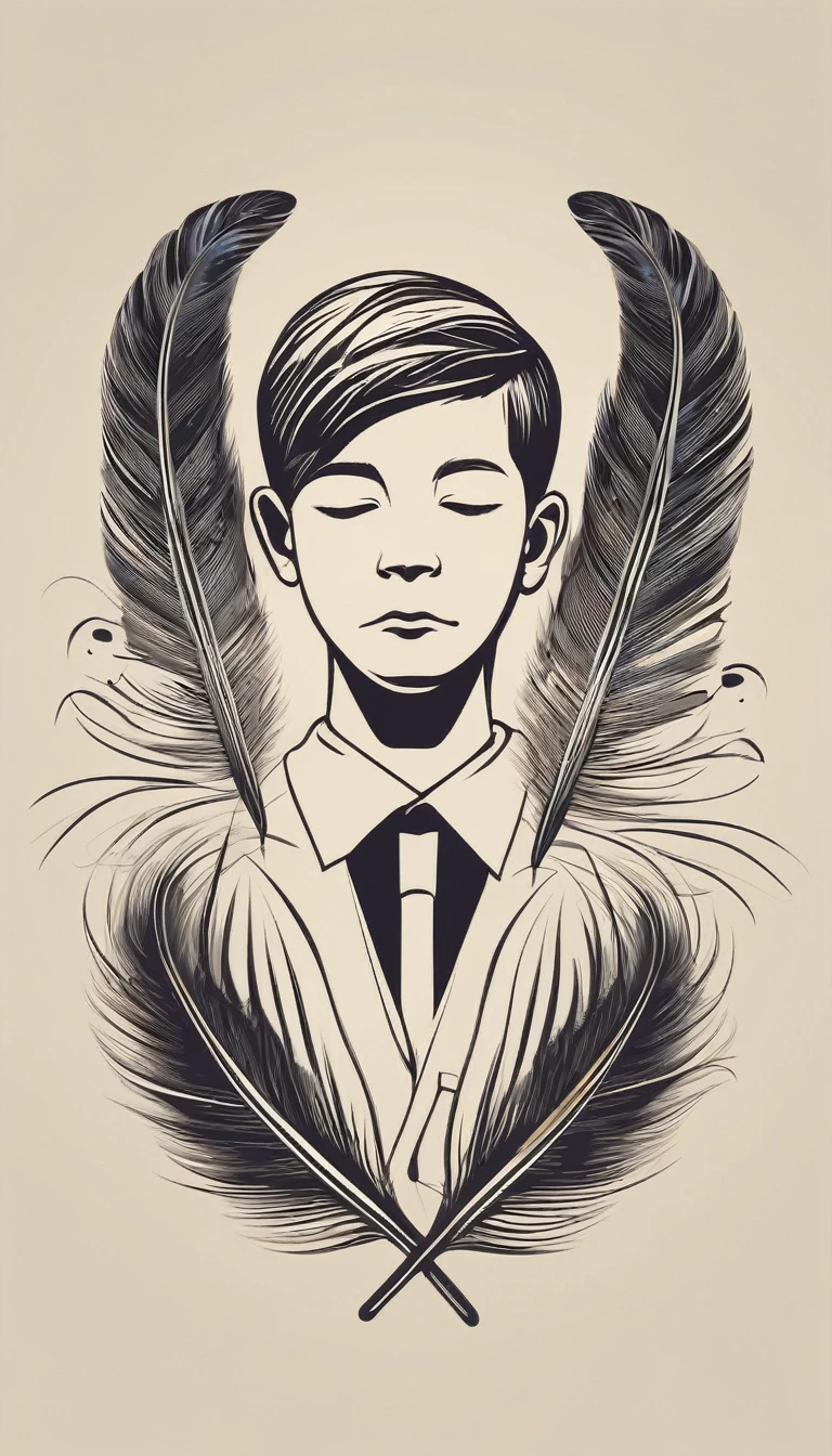 A minimalist, fantastic, poetic, dreamy, captivating, memorable, masterpiece, modern, simple logo design of a boy and a feather for the brand “Penamemoria". The logo must convey a sense of music, stories and dreams. Minimalistic logo design of a boy and a feather.