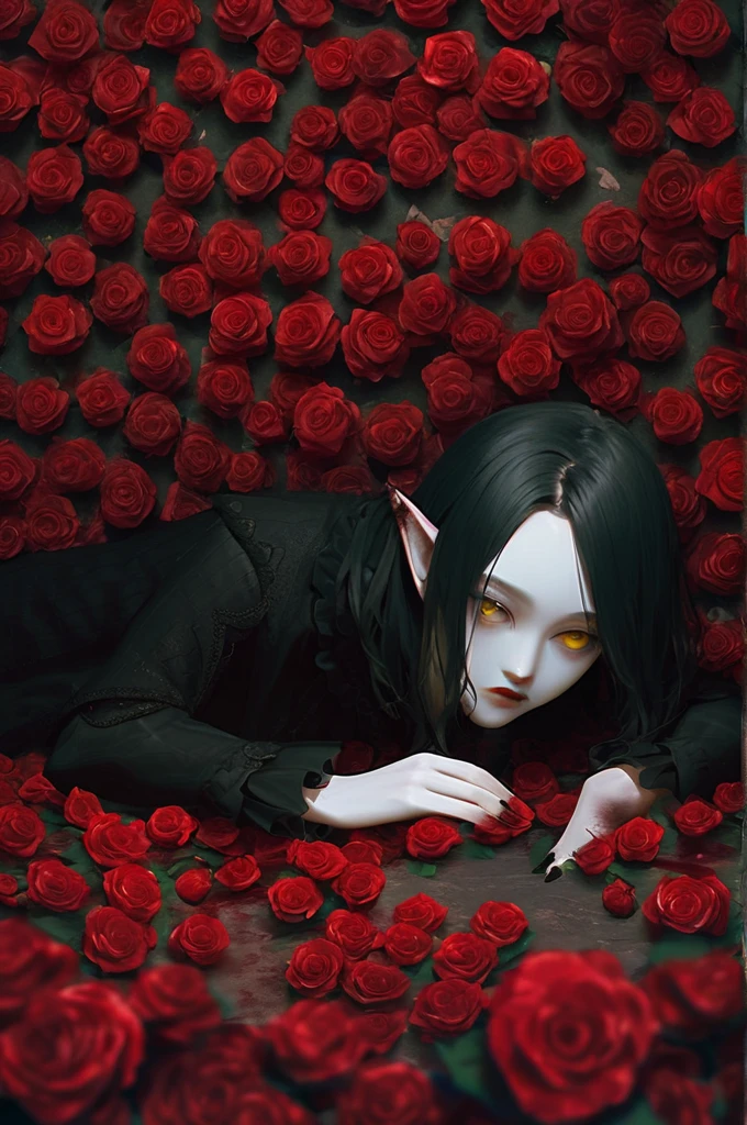 ((Лучшее качество)), ((шедевр)), (подробный), elf, vampire, black medium hair, gothic clothes, gothic, yellow eyes, blank stare, tall, medium hair, short bangs, pale skin, gothic style, blood, background of many bloody roses, lies in roses, bloody background, gothic aesthetics, plump lips, porcelain