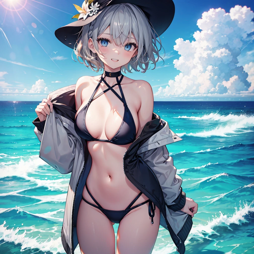 ((((Fluttering swimsuit　Ocean))))　(((Gray Hair　short hair　blue eyes　woman)))，((Splash　sun　cloud))，(Wearing a hat　black　smile)，　Showing teeth　Shining Background　Shining Edges