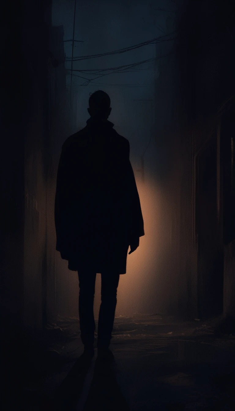 a black silhouette of a man at night, one light source, footsteps, moody atmosphere, cinematic lighting, dark shadows, dramatic chiaroscuro, high contrast, mysterious, atmospheric, dark and gritty, realistic, photorealistic, cinematic composition, 8k, high quality, detailed, masterpiece, manga style, digital art, by Marshall Arisman, cover illustration, 70mm, 7 0 mm, 70 mm, book cover illustration, by Brigette Barrager, album cover, novel cover art for a book, art concept for a book cover, cover art, 7 feet tall,