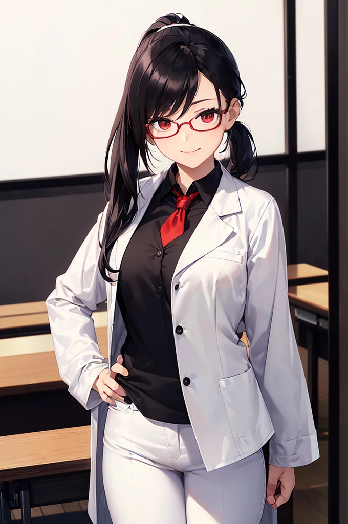 (masterpiece; best quality: 1.2), (finely detailed eyes: 1.3), ((25 year old woman)), ((solo)), (red eyes: 1.4), (body; gorgeous, lithe, femenine: 1.3), (black hair in low-ponytail: 1.3), (beautiful and clear background: 1.2), ((depth of field)), (equipment: white unbuttoned labcoat + black shirt + white tie + white pants + black square glasses: 1.3), (anime illustration: 1.2), (background composition; japanese highschool classroom + furniture: 1.1), (extremely fine and beautiful: 1.1), (shot composition; standing + centered on torso + close-up: 1.5), (expression; calm, smile: 1.2)