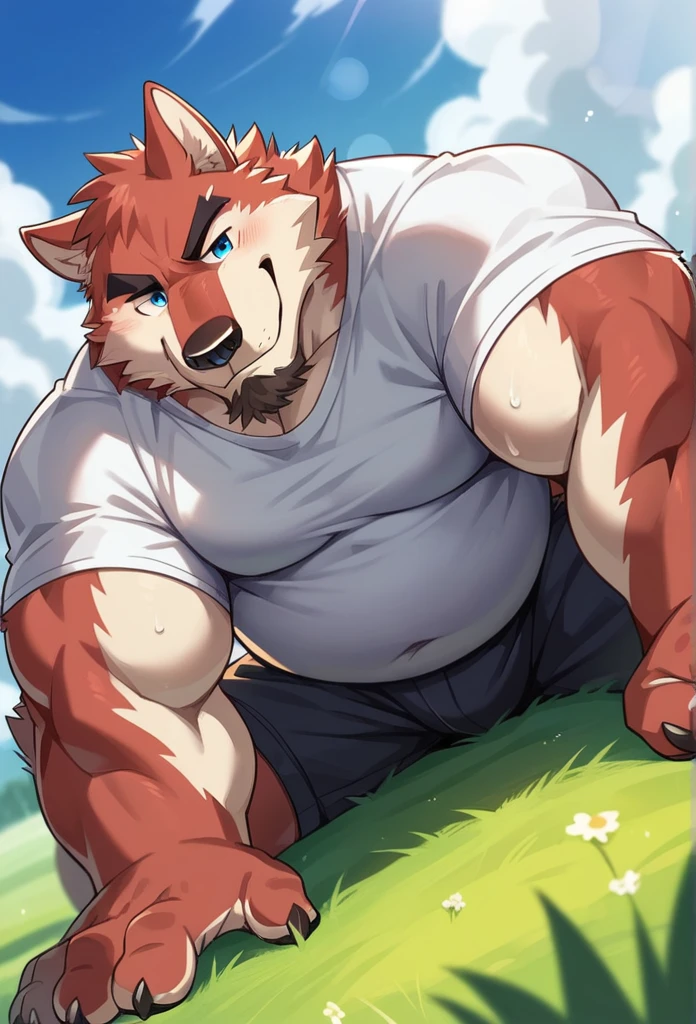 (masterpiece, 4K, ultra detailed), a bear furry, masculine, orange fur, beige belly, short hair, meadow, teenage, black bowtie, sexy, naked, cartoony, anime, blue anime eyes, penis, athlete