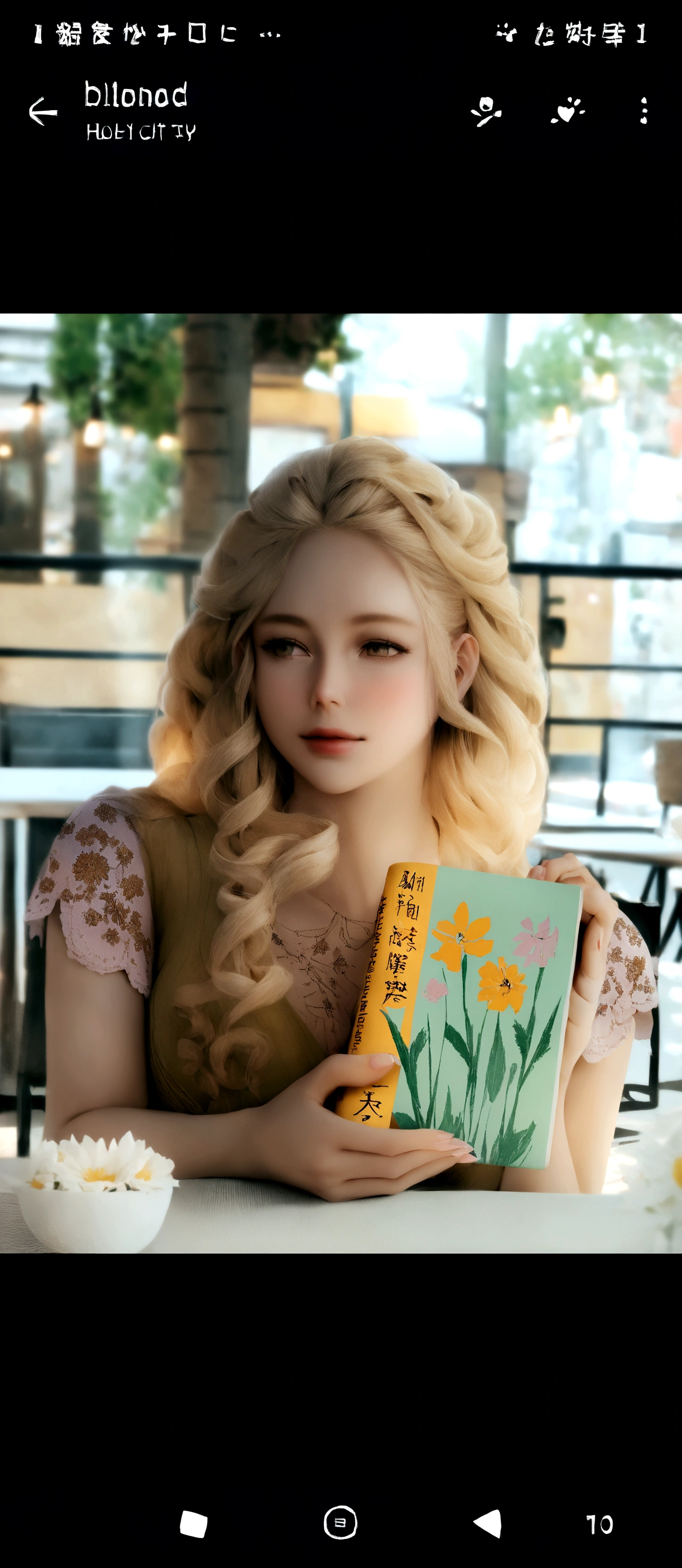 there is a blonde woman with long curly hair sitting at the table with a book with flowers